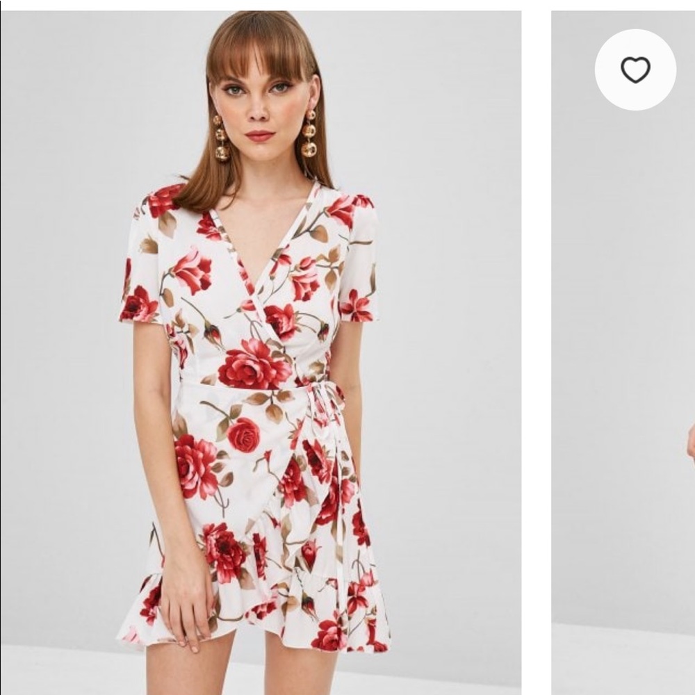ZAFUL Flower Ruffle Wrap Dress - Milk White